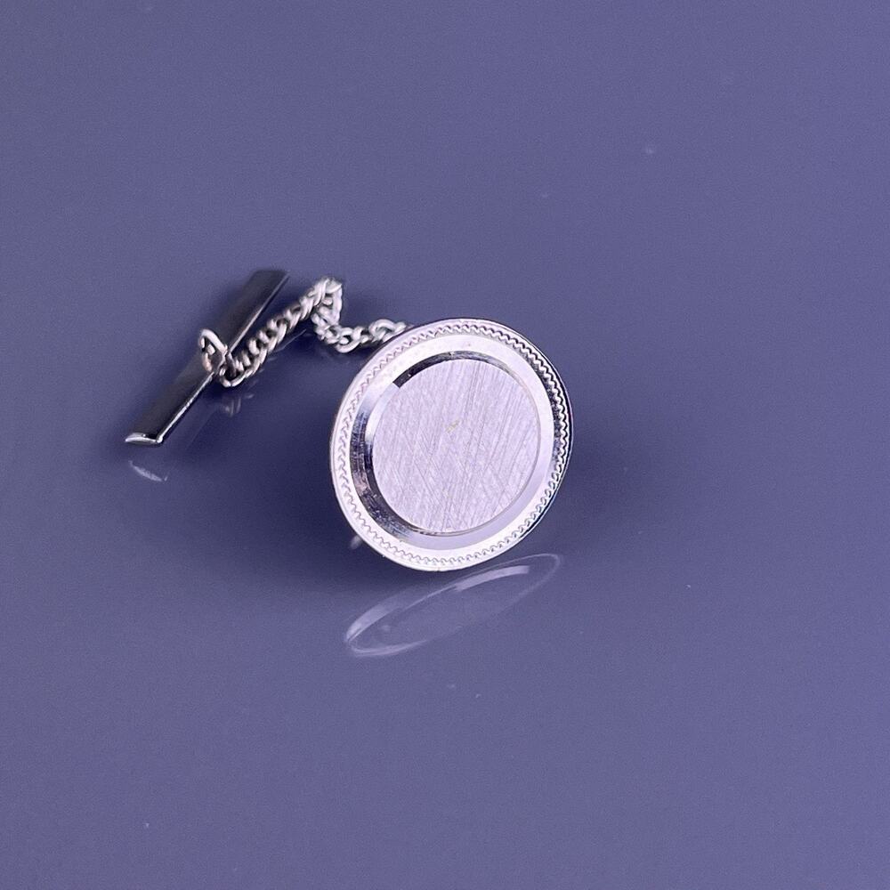Simple Round Tie Tack Pin Silver Tone Florentine Brushed Finish Vintage